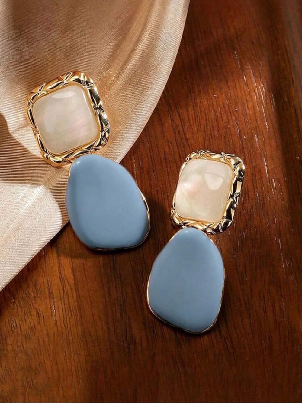 Gold-Tone Blue Drop Earrings with Mother-of-Pearl Accent
